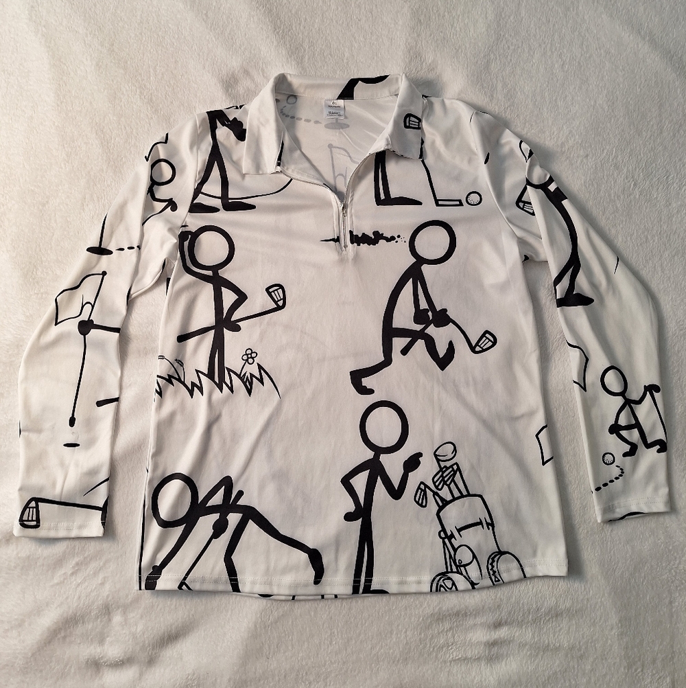 Men’s XXL Golf Theme Long Sleeve Performance Quarter Zip Top–Stick Figure Print